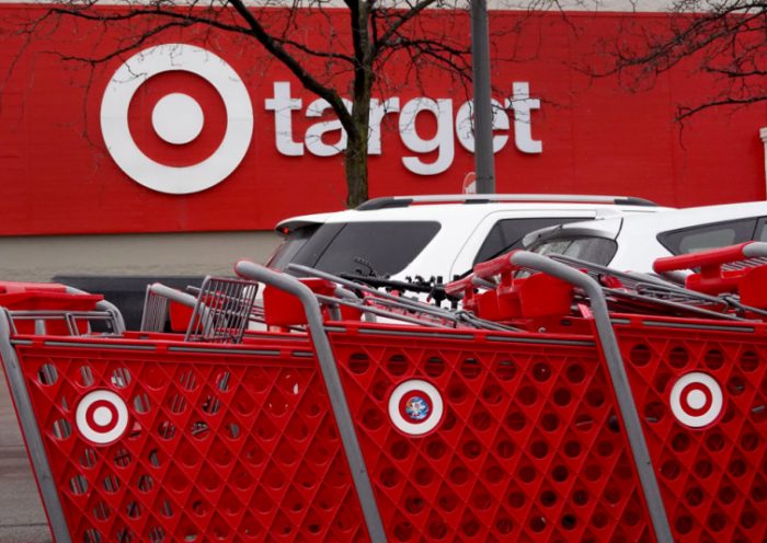 Shopping carts are lined up outside of a Target store on November 16, 2022 in Chicago, Illinois. Target’s stock plummeted today after the company reported a 52% drop in profits during the third quarter. (Photo by Scott Olson/Getty Images)
