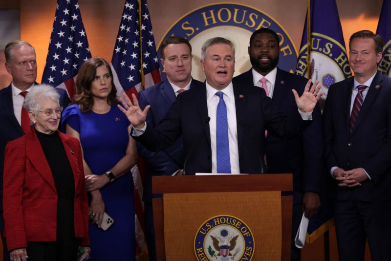 WASHINGTON, DC - NOVEMBER 17: Flanked by House Republicans, U.S. Rep. James Comer (R-KY) speaks during a news conference at the U.S. Capitol on November 17, 2022 in Washington, DC. House Republicans held a news conference to discuss 