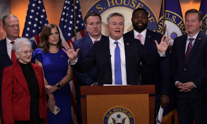 WASHINGTON, DC - NOVEMBER 17: Flanked by House Republicans, U.S. Rep. James Comer (R-KY) speaks during a news conference at the U.S. Capitol on November 17, 2022 in Washington, DC. House Republicans held a news conference to discuss "the Biden family's business dealings." (Photo by Alex Wong/Getty Images)