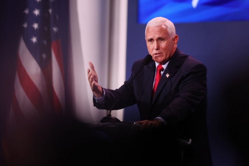 Former Vice President Mike Pence speaks to guests at the Republican Jewish Coalition Annual Leadership Meeting on November 18, 2022 in Las Vegas, Nevada. The meeting comes on the heels of former President Donald Trump becoming the first candidate to declare his intention to seek the GOP nomination in the 2024 presidential race. (Photo by Scott Olson/Getty Images)