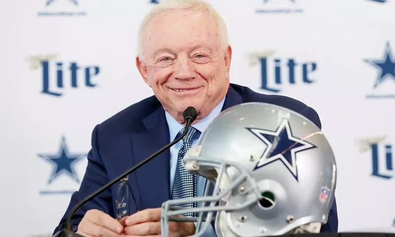 FRISCO, TEXAS – JANUARY 08: Team owner Jerry Jones of the Dallas Cowboys talks with the media during a press conference at the Ford Center at The Star on January 08, 2020 in Frisco, Texas. (Photo by Tom Pennington/Getty Images)