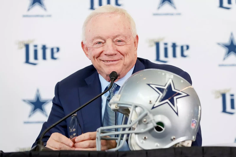 FRISCO, TEXAS – JANUARY 08: Team owner Jerry Jones of the Dallas Cowboys talks with the media during a press conference at the Ford Center at The Star on January 08, 2020 in Frisco, Texas. (Photo by Tom Pennington/Getty Images)
