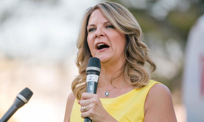Kelli Ward, a Republican Senate candidate from Arizona, speaks during a bus tour stop in Phoenix, Arizona, on Friday, Aug. 24, 2018. CAITLIN O'HARA/BLOOMBERG VIA GETTY IMAGES