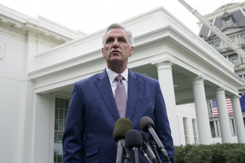 House Minority Leader Kevin McCarthy of Calif., speaks with reporters at the White House in Washington, Tuesday, Nov. 29, 2022, about his meeting with President Joe Biden. (AP Photo/Susan Walsh)