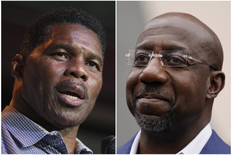his combination of photos shows Herschel Walker, Republican candidate for U.S. Senate for Georgia, on May 23, 2022, in Athens, Ga., left, and Democratic nominee for U.S. Senate Sen. Raphael Warnock on Nov. 10, 2022, in Atlanta. Walker is running against Warnock in a runoff election. (AP Photo/Brynn Anderson)