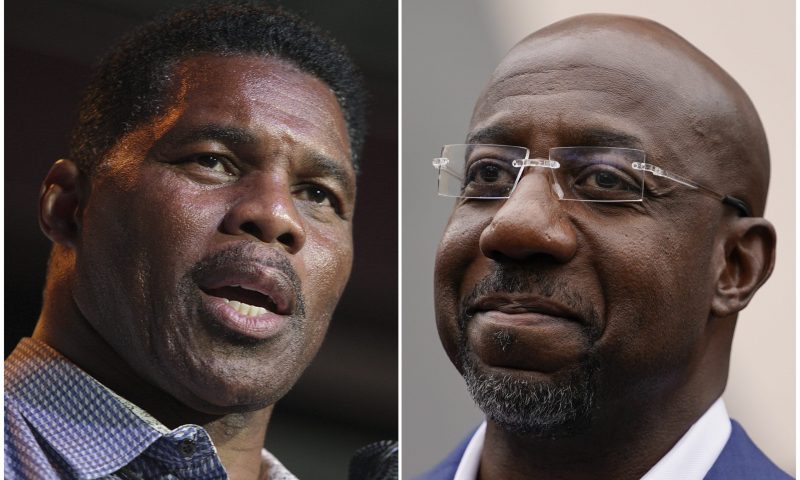 his combination of photos shows Herschel Walker, Republican candidate for U.S. Senate for Georgia, on May 23, 2022, in Athens, Ga., left, and Democratic nominee for U.S. Senate Sen. Raphael Warnock on Nov. 10, 2022, in Atlanta. Walker is running against Warnock in a runoff election. (AP Photo/Brynn Anderson)