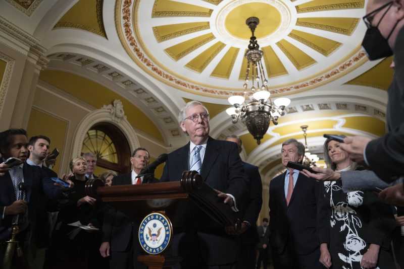 Senate Minority Leader Mitch McConnell, of Ky., speaks during a news conference with members of the Senate Republican leadership, Tuesday, Dec. 6, 2022, on Capitol Hill in Washington. (AP Photo/Jacquelyn Martin)