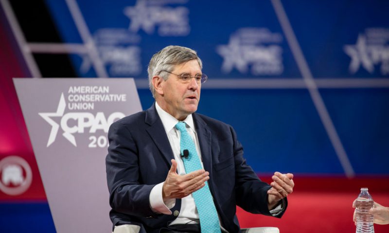 NATIONAL HARBOR, MD - FEBRUARY 28: Stephen Moore, Distinguished Visiting Fellow for Project for Economic Growth at The Heritage Foundation, has a conversation with Acting White House Chief of Staff Mick Mulvaney on stage at the Conservative Political Action Conference 2020 (CPAC) hosted by the American Conservative Union on February 28, 2020 in National Harbor, MD. (Photo by Samuel Corum/Getty Images)
