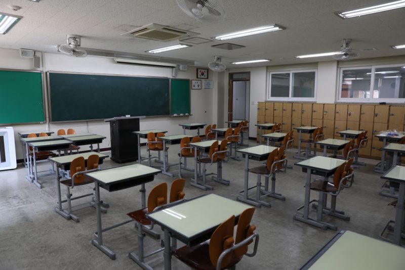 An empty classroom is seen. (Photo by Chung Sung-Jun/Getty Images)