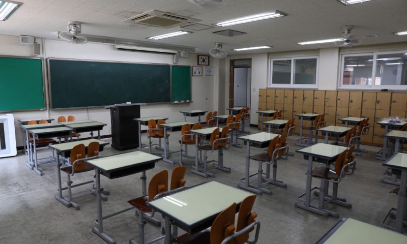 An empty classroom is seen. (Photo by Chung Sung-Jun/Getty Images)