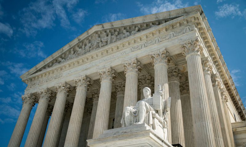 WASHINGTON, DC - SEPTEMBER 28: The Guardian or Authority of Law, created by sculptor James Earle Fraser, rests on the side of the U.S. Supreme Court on September 28, 2020 in Washington, DC. (Photo by Al Drago/Getty Images)