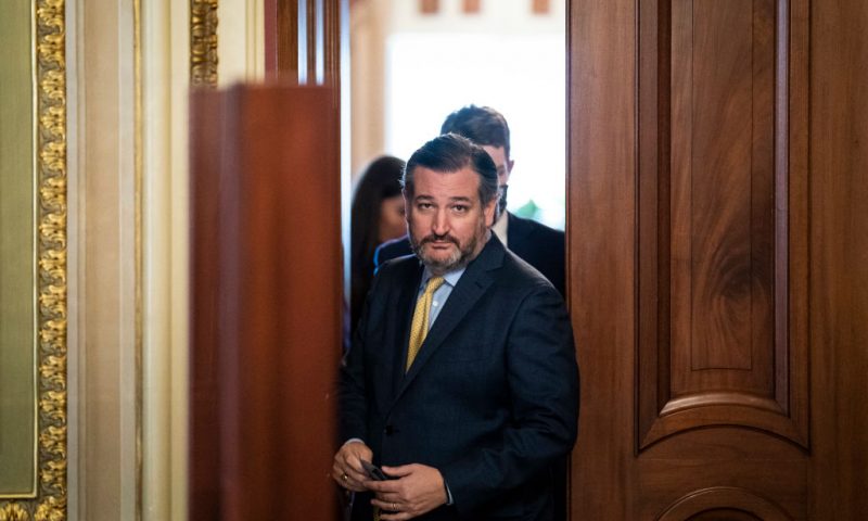 Sen. Ted Cruz (R-TX) walks out of a meeting room for the lawyers of former President Donald Trump and back to the Senate floor through the Senate Reception room on the fourth day of the Senate Impeachment trials for former President Donald Trump on Capitol Hill on February 12, 2021 in Washington, DC. Trump's defense lawyers will present their case on Friday, where his legal team will argue that he should be acquitted of inciting an insurrection. (Photo by Jabin Botsford - Pool/Getty Images)