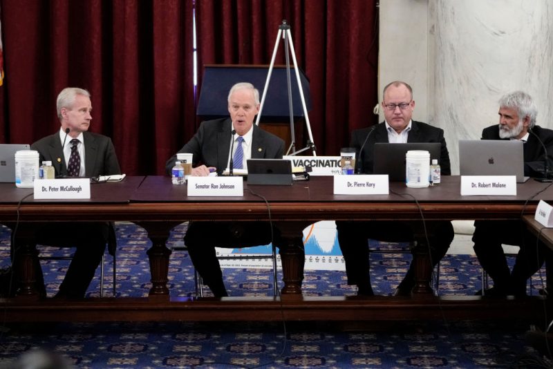 WASHINGTON, DC - JANUARY 24: Sen. Ron Johnson (R-WI) speaks during a panel discussion titled COVID 19: A Second Opinion in the Kennedy Caucus Room of the Russell Senate Office Building on Capitol Hill on January 24, 2022 in Washington, DC. The panel featured scientists and doctors who have been criticized for expressing skepticism about COVID-19 vaccines and for promoting the use of unproven medications for treatment of the disease. Also pictured, L-R, Dr. Peter McCullough, Dr. Pierre Kory and Dr. Robert Malone. (Photo by Drew Angerer/Getty Images)