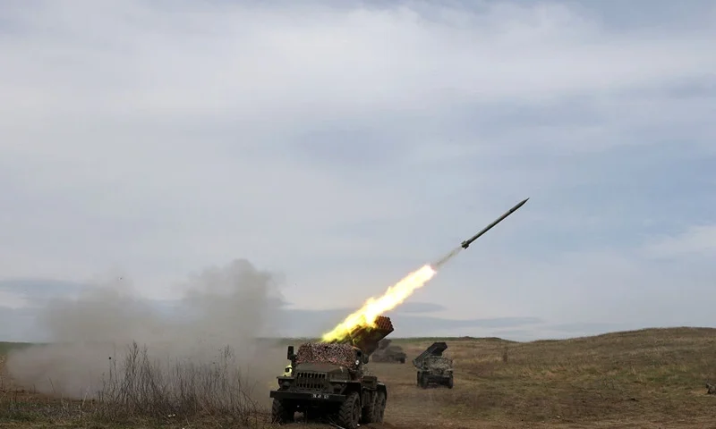 A Ukrainian multiple rocket launcher BM-21 "Grad" shells Russian troops' position, near Lugansk, in the Donbas region, on April 10, 2022. (Photo by Anatolii STEPANOV / AFP) (Photo by ANATOLII STEPANOV/AFP via Getty Images)