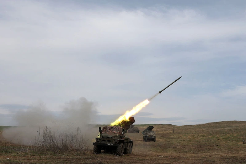 A Ukrainian multiple rocket launcher BM-21 "Grad" shells Russian troops' position, near Lugansk, in the Donbas region, on April 10, 2022. (Photo by Anatolii STEPANOV / AFP) (Photo by ANATOLII STEPANOV/AFP via Getty Images)