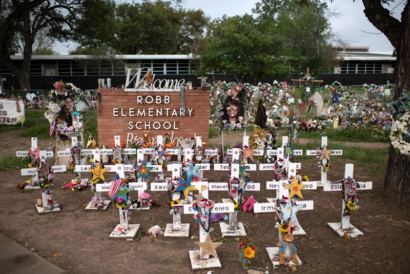 Crosses set up to honor those who lost their lives during the Robb Elementary School shooting in Uvalde, Texas on November 8, 2022. (Photo by Mark Felix / AFP) (Photo by MARK FELIX/AFP /AFP via Getty Images)