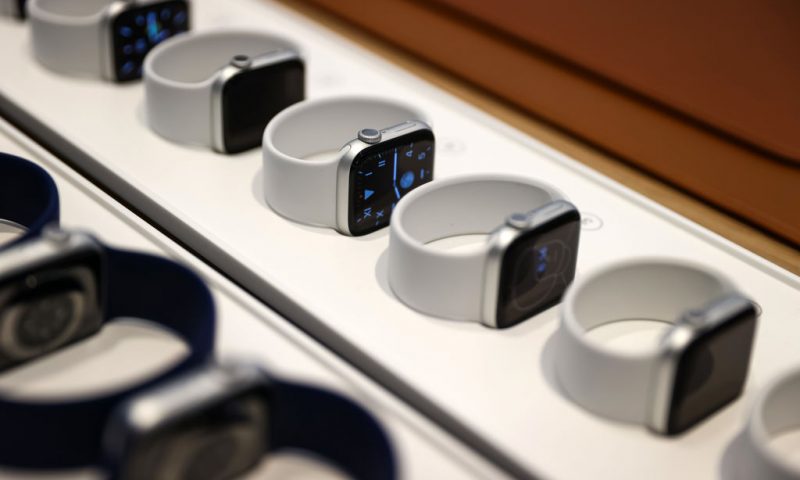 SINGAPORE, SINGAPORE - SEPTEMBER 24: Apple Watch models are displayed at the Apple Store at Orchard Road on September 24, 2021 in Singapore. Apple announced September 14 the release of four variants of its latest iPhone 13, alongside other upgrades to its product lineup. (Photo by Feline Lim/Getty Images)