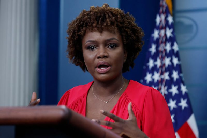 WASHINGTON, DC - MAY 16: Newly appointed White House Press Secretary Karine Jean-Pierre holds her first news conference in the Brady Press Briefing Room at the White House on May 16, 2022 in Washington, DC. Jean-Pierre stepped into her new role after former Press Secretary Jen Psaki left the White House to reportedly take a job with MSNBC. (Photo by Chip Somodevilla/Getty Images)