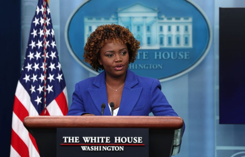White House Press Secretary Karine Jean-Pierre speaks at a press briefing at the White House on November 28, 2022 in Washington, DC. The briefing was held to preview French President Emmanuel Macron's state visit later this week. (Photo by Kevin Dietsch/Getty Images)