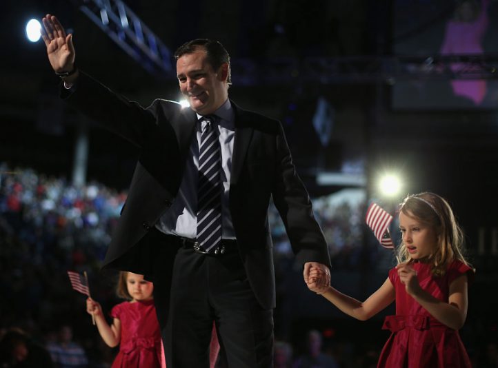 LYNCHBURG, VA - MARCH 23: U.S. Sen. Ted Cruz (R-TX) (C) stands with his daughters Caroline Cruz (R) and Catherine Cruz (L), after to speaking to a crowd gathered at Liberty University to announce his presidential candidacy March 23, 2015 in Lynchburg, Virginia. Cruz officially announced his 2016 presidential campaign for the President of the United States during the event. (Photo by Mark Wilson/Getty Images)