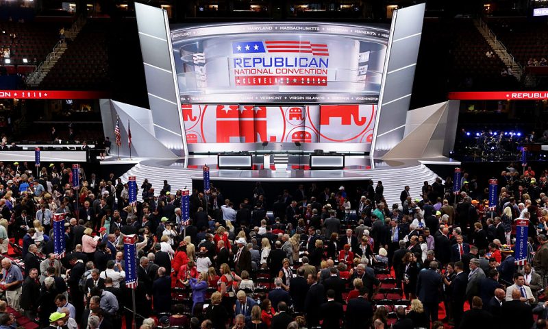 CLEVELAND, OH - JULY 18: The stage is left empty after Republican National Committee Chairman Reince Priebus left the stage during protests on the floor on the first day of the Republican National Convention on July 18, 2016 at the Quicken Loans Arena in Cleveland, Ohio. An estimated 50,000 people are expected in Cleveland, including hundreds of protesters and members of the media. The four-day Republican National Convention kicks off on July 18. (Photo by Alex Wong/Getty Images)