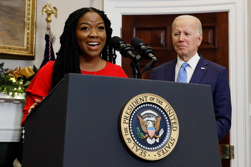 Cherelle Griner (L), wife of Olympian and WNBA player Brittney Griner, speaks after U.S. President Joe Biden announced her release from Russian custody, at the White House on December 08, 2022 in Washington, DC. Griner was released as part of a prisoner swap that involved Russian arms dealer Viktor Bout. Biden was joined by U.S. Secretary of State Anthony Blinken and Vice President Kamala Harris. (Photo by Chip Somodevilla/Getty Images)