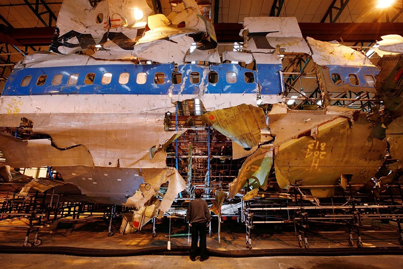   The reconstructed remains of Pan Am flight 103 lie in a warehouse on January 15, 2008 in Farnborough, England. The Air Accident Investigation Branch have housed the remains of the Boeing 747 for the past 19 years. 20 years ago a terrorist bomb exploded on-board destroying the aircraft over the Scottish town of Lockerbie killing 270 - including 11 people on the ground.  (Photo by Peter Macdiarmid/Getty Images)