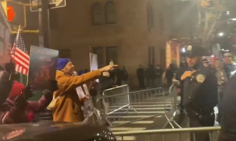 Video still of a protestor outside the New York Young Republicans Club where they hosted their 110th annual gala on Saturday.