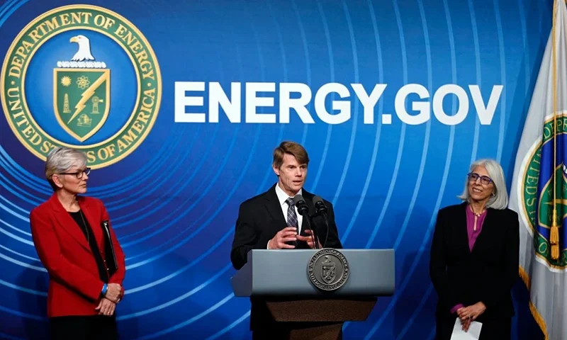 (L-R) US Energy Secretary, Jennifer Granholm; National Nuclear Security Administration Deputy Administrator for Defense Programs, Marvin Adams and White House Office of Science and Technology Policy Director, Arati Prabhakar hold a press conference to announce a major milestone in nuclear fusion research, at the US Department of Energy in Washington, DC on December 13, 2022. - Researchers have achieved a breakthrough regarding nuclear fusion, a technology seen as a possible revolutionary alternative power source. (Photo by OLIVIER DOULIERY / AFP) (Photo by OLIVIER DOULIERY/AFP via Getty Images)
