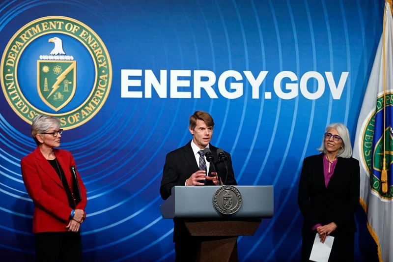 (L-R) US Energy Secretary, Jennifer Granholm; National Nuclear Security Administration Deputy Administrator for Defense Programs, Marvin Adams and White House Office of Science and Technology Policy Director, Arati Prabhakar hold a press conference to announce a major milestone in nuclear fusion research, at the US Department of Energy in Washington, DC on December 13, 2022. - Researchers have achieved a breakthrough regarding nuclear fusion, a technology seen as a possible revolutionary alternative power source. (Photo by OLIVIER DOULIERY / AFP) (Photo by OLIVIER DOULIERY/AFP via Getty Images)