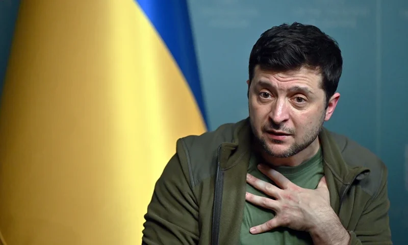 - Ukrainian President Volodymyr Zelensky speaks during a press conference in Kyiv on March 3, 2022. - Ukraine President Volodymyr Zelensky called on the West on March 3, 2022, to increase military aid to Ukraine, saying Russia would advance on the rest of Europe otherwise. "If you do not have the power to close the skies, then give me planes!" Zelensky said at a press conference. "If we are no more then, God forbid, Latvia, Lithuania, Estonia will be next," he said, adding: "Believe me." (Photo by Sergei SUPINSKY / AFP) (Photo by SERGEI SUPINSKY/AFP via Getty Images)