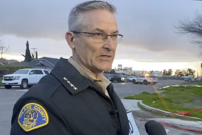 In this frame grab from video provided by the Tulare Count Sheriff's Office, Sheriff Mike Boudreaux speaks to the media near the scene of a fatal shooting in Visalia, Calif., Monday, Jan. 16, 2023. (Tulare County Sheriff's Office via AP)
