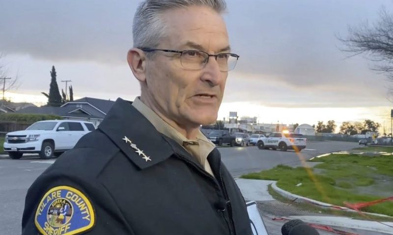 In this frame grab from video provided by the Tulare Count Sheriff's Office, Sheriff Mike Boudreaux speaks to the media near the scene of a fatal shooting in Visalia, Calif., Monday, Jan. 16, 2023. (Tulare County Sheriff's Office via AP)