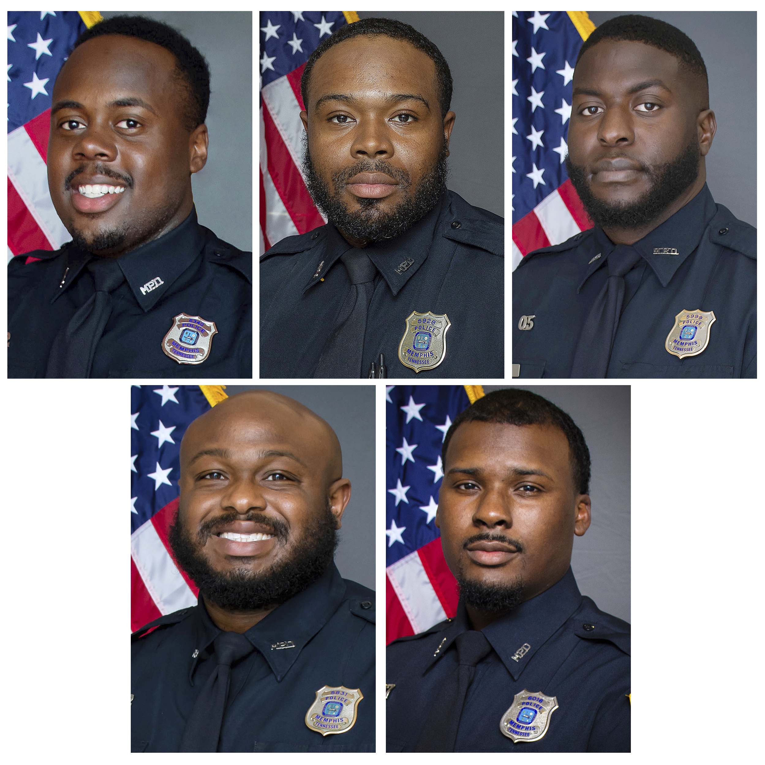 his combo of images provided by the Memphis Police Department shows, from top row from left, officers Tadarrius Bean, Demetrius Haley, Emmitt Martin III, bottom row, from left, Desmond Mills, Jr. and Justin Smith. The five former Memphis police officers have been charged with second-degree murder and other crimes in the arrest and death of Tyre Nichols, a Black motorist who died three days after a confrontation with the officers during a traffic stop, records showed Thursday, Jan. 26, 2023. (Memphis Police Department via AP)