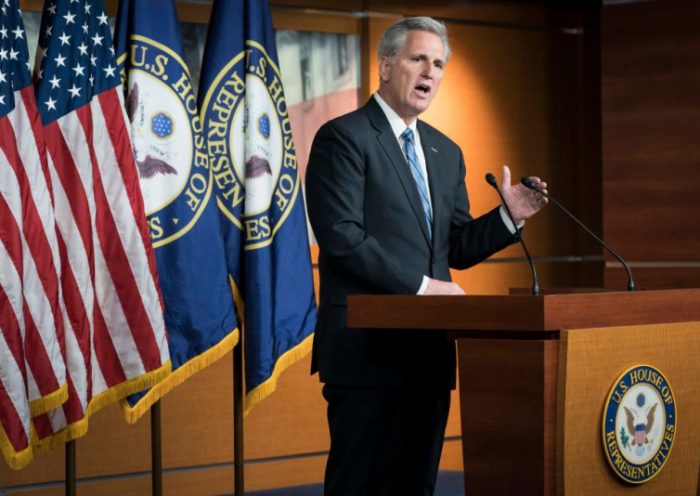 House Minority Leader Kevin McCarthy (R-CA) speaks during his weekly news conference February 13, 2020 on Capitol Hill in Washington, DC. The Minority Leader discussed various topics including impeachment and the 2020 presidential election. (Photo by Sarah Silbiger/Getty Images)