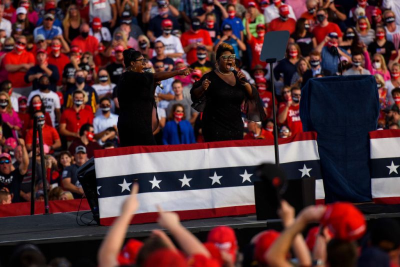 North Carolina personalities Diamond and Silk warm up the crowd before remarks by President Donald Trump on October 21, 2020 in Gastonia, North Carolina. (Photo by Melissa Sue Gerrits/Getty Images)