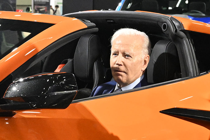 Biden is visiting the auto show to highlight electric vehicle manufacturing. (Photo by MANDEL NGAN/AFP via Getty Images)