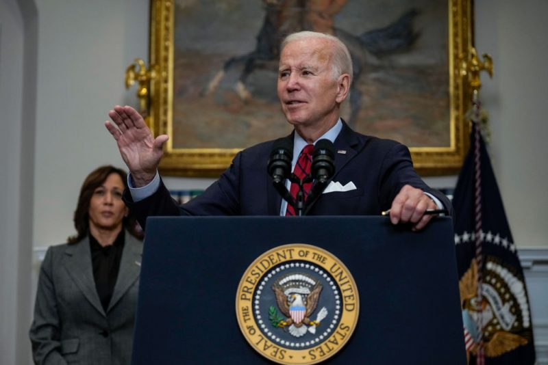 Vice President Kamala Harris looks on as U.S. President Joe Biden delivers remarks about border security policies in the Roosevelt Room in the White House on January 5, 2023 in Washington, DC. Biden is planning to visit the U.S.-Mexico border while on a two-day summit meeting in Mexico City. The administration plans on setting new limits on illegal border crossings and expanding policies that force out migrants without letting them seek asylum. (Photo by Drew Angerer/Getty Images)