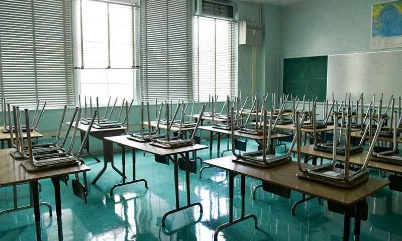AUGUST 13: An empty classroom is seen at Hollywood High School on August 13, 2020 in Hollywood, California. With over 734,000 enrolled students, the Los Angeles Unified School District is the largest public school system in California and the 2nd largest public school district in the United States. With the advent of COVID-19, blended learning, or combined online and classroom learning, will become the norm for the coming school year. (Photo by Rodin Eckenroth/Getty Images)
