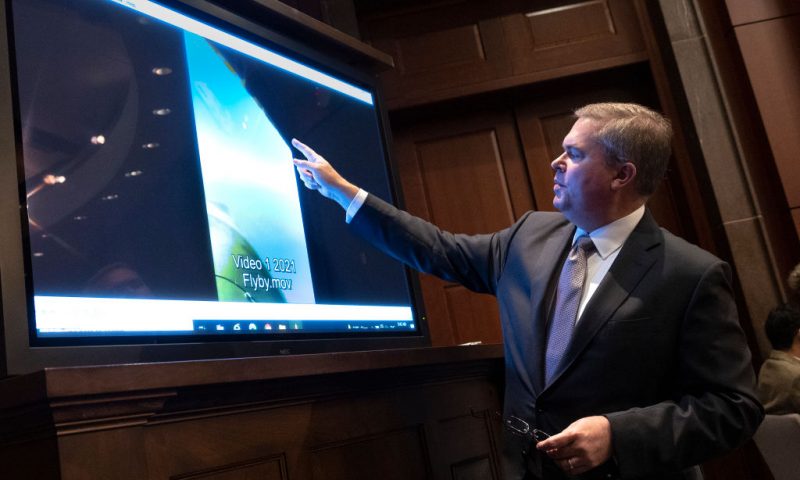 WASHINGTON, DC - MAY 17: U.S. Deputy Director of Naval Intelligence Scott Bray explains a video of an unidentified aerial phenomena, as he testifies before a House Intelligence Committee subcommittee hearing at the U.S. Capitol on May 17, 2022 in Washington, DC. The committee met to investigate Unidentified Aerial Phenomena, commonly referred to as Unidentified Flying Objects (UFOs). (Photo by Kevin Dietsch/Getty Images)