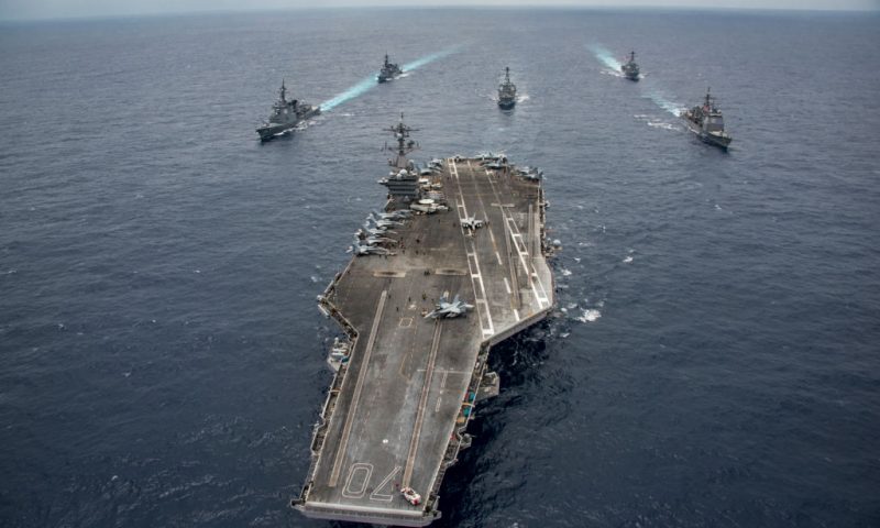 PHILIPPINE SEA - APRIL 28: In this handout photo provided by the U.S. Navy, the Nimitz-class aircraft carrier USS Carl Vinson (CVN 70) leads the Japan Maritime Self-Defense Force destroyers JS Ashigara (DDG 178), left front, and JS Samidare (DD 106), left rear, the Arleigh Burke-class guided-missile destroyers USS Michael Murphy (DDG 112), center rear, and USS Wayne E. Meyer (DDG 108), right rear, and the Ticonderoga-class guided-missile cruiser USS Lake Champlain (CG 57), right front, during a transit the Philippine Sea. (U.S. Navy photo by Mass Communication Specialist 2nd Class Z.A. Landers/Released)