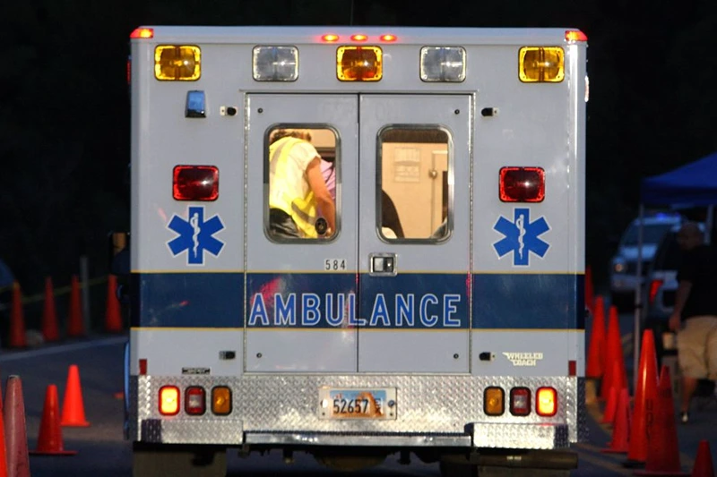 HUNTINGTON, UT - AUGUST 16: An Emery County ambulance leaves the Crandall Canyon coal mine August 16, 2007 near Huntington, Utah. Several ambulances and a MEDEVAC helicopter arrived at the mine in the evening as rescuers were injured during a collapse as they searched for six coal miners trapped 1,500 feet beneath the surface at the Crandall Canyon coal mine after an August 6 cave-in. (Photo by Justin Sullivan/Getty Images)