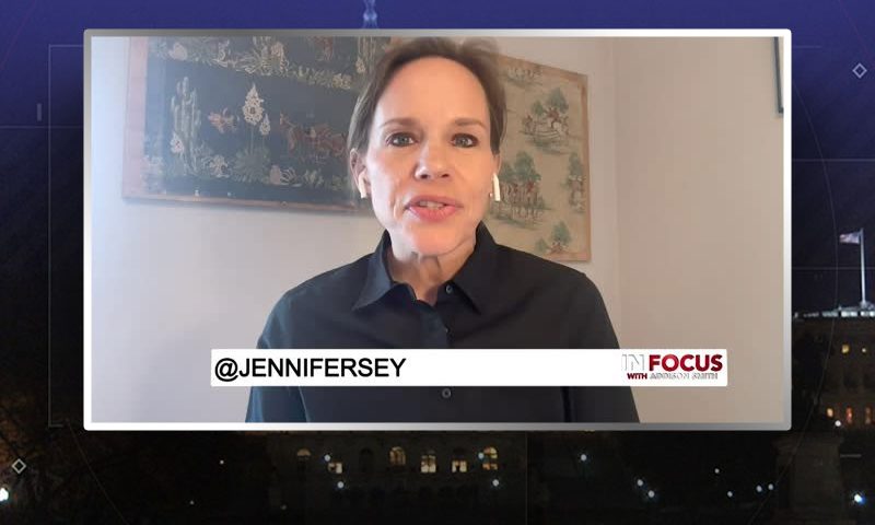 Video still from Jennifer Sey's interview with In Focus on One America News Network
