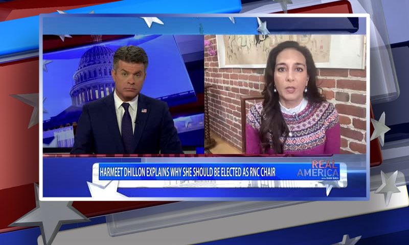 Video still from Harmeet Dhillon's interview with Real America on One America News Network