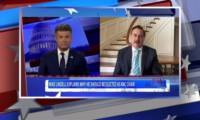Video still from Mike Lindell's interview with Real America on One America News Network