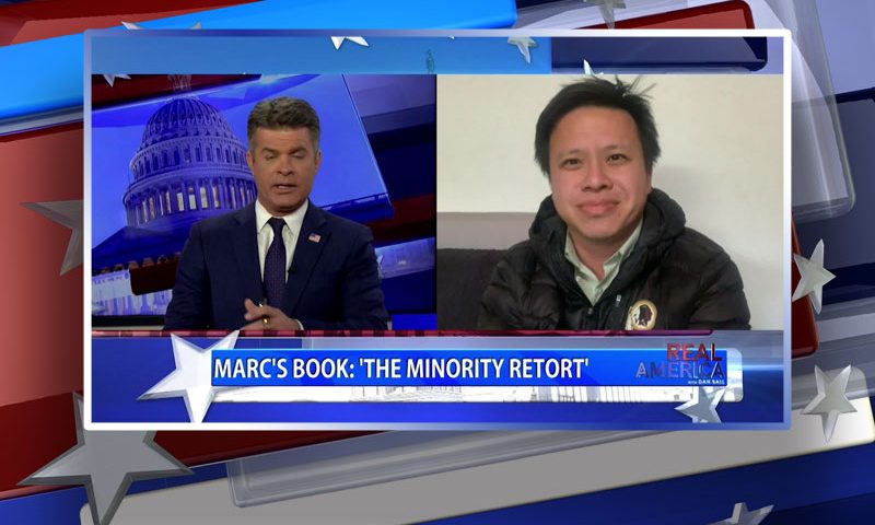 Video still from Marc Ang's interview with Real America on One America News Network