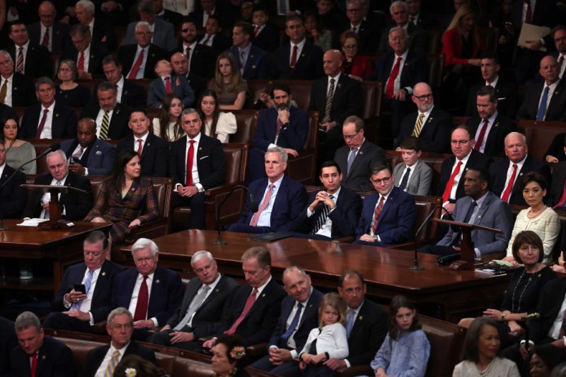 House Minority Leader Kevin McCarthy (R-CA) (C) sits alongside colleagues as Representatives cast their votes for Speaker of the House on the first day of the 118th Congress in the House Chamber of the U.S. Capitol Building on January 03, 2023 in Washington, DC. Today members of the 118th Congress will be sworn-in and the House of Representatives will elect a new Speaker of the House. (Photo by Win McNamee/Getty Images)