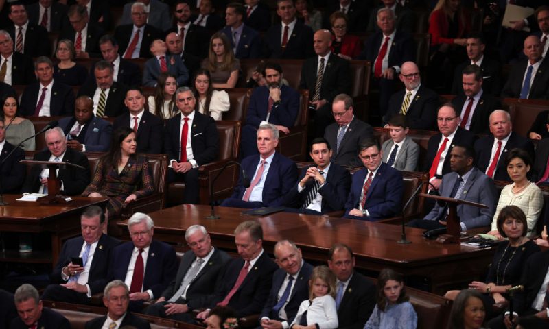 House Minority Leader Kevin McCarthy (R-CA) (C) sits alongside colleagues as Representatives cast their votes for Speaker of the House on the first day of the 118th Congress in the House Chamber of the U.S. Capitol Building on January 03, 2023 in Washington, DC. Today members of the 118th Congress will be sworn-in and the House of Representatives will elect a new Speaker of the House. (Photo by Win McNamee/Getty Images)