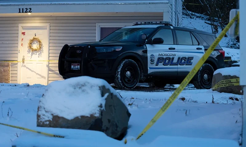 - A Moscow police officer stands guard in his vehicle, Tuesday, Nov. 29, 2022, at the home where four University of Idaho students were found dead on Nov. 13, 2022 in Moscow, Idaho. Idaho Police investigating the stabbing deaths of the students say they're working with law enforcement in Eugene, Ore., to determine if a white sedan found on the side of the road there is related to the Idaho case. (AP Photo/Ted S. Warren,File)
