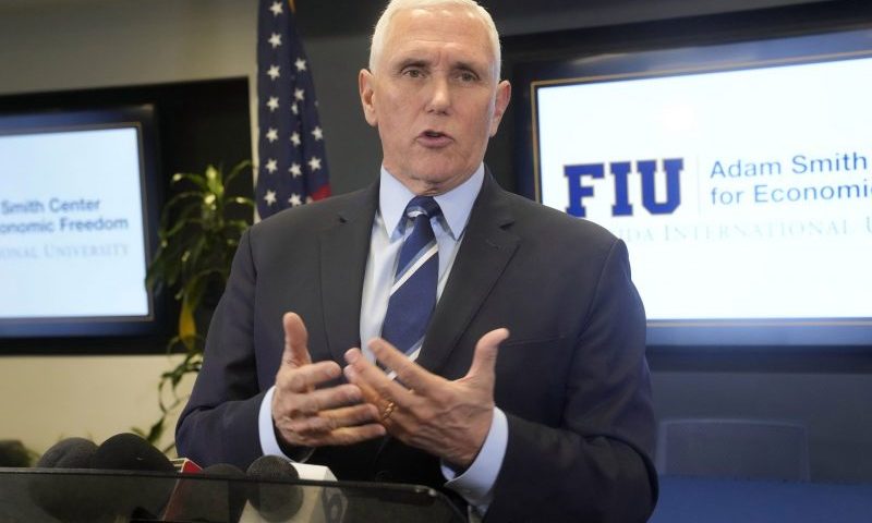 While speaking at Florida International University (FIU), Friday, Jan. 27, 2023, in Miami, former Vice President Mike Pence said he takes "full responsibility" after classified documents were found at his Indiana home. Pence was talking at FIU about the economy and promoting his new book, "So Help Me God." (AP Photo/Marta Lavandier)